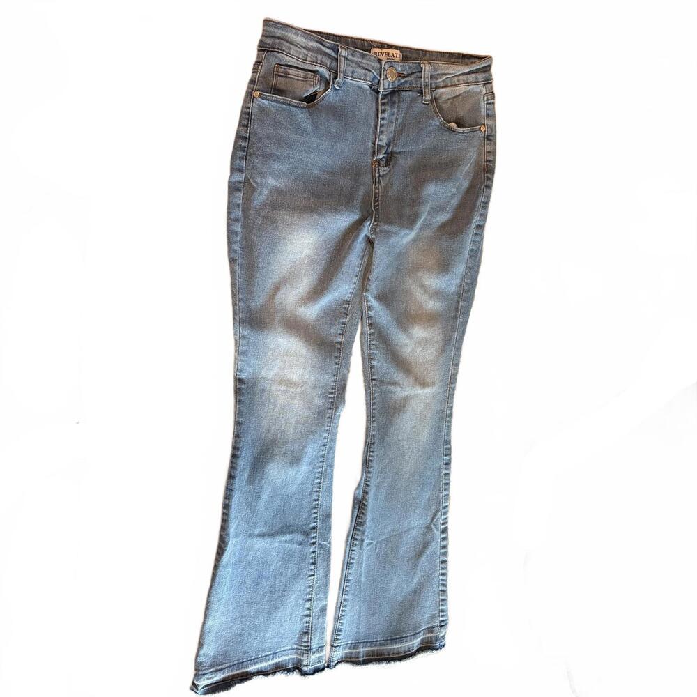 Revelation Light Wash Flare Leg Denim Jeans Size 8 Raw Hem Western Festival